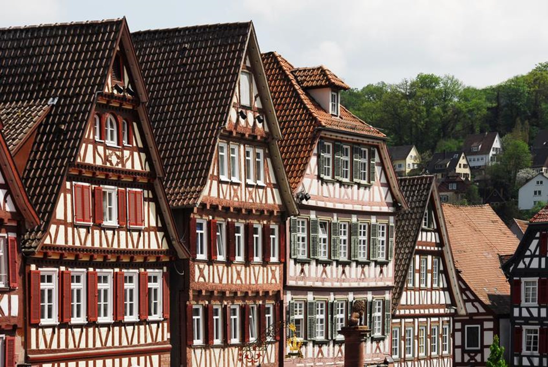 Fachwerkhäuser mit roten Dächern und bunten Fensterläden in einer malerischen Altstadt.